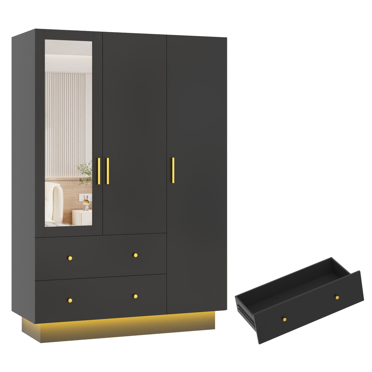 3 Doors Armoire Wardrobe Closet with Mirror, LED Armoire with Doors And Drawers, Wooden Armoire Storage Cabinet with Hanging Rod, Adjustable Shelves
