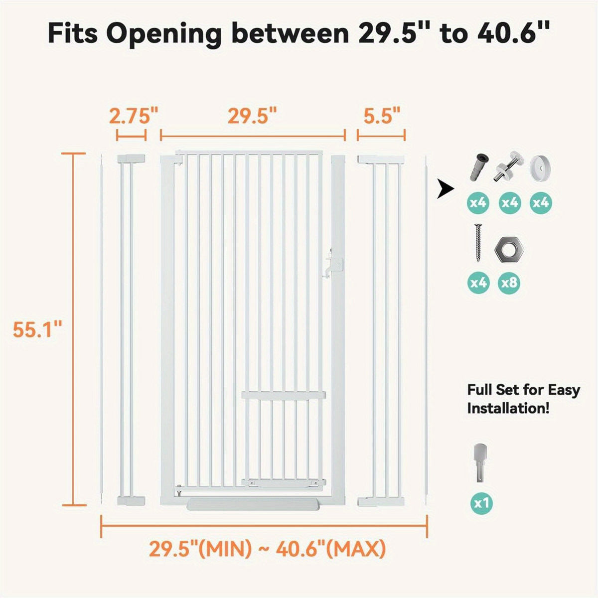 55.1" Extra Tall Cat Gate For Doorway, 29.5-40.6" Adjustable Cat Door Include, No Drilling Pressure Mount Kit, Suitable For Doorways Or Kitchen, Stairs5