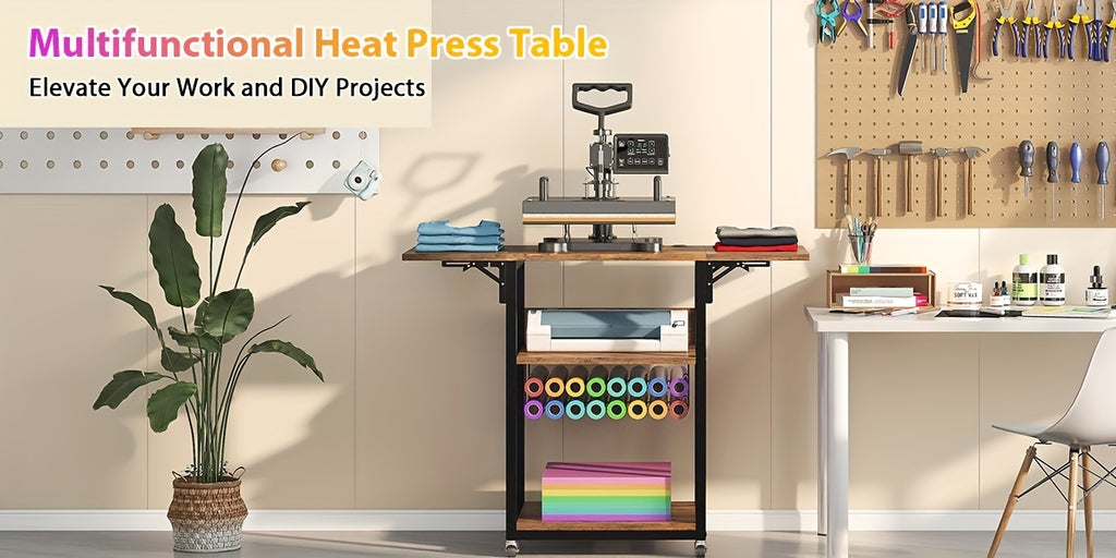 Foldable Heat Press Table, 3 Tier Movable Heat Press Stand With Vinyl Roll Holder, Heavy Duty Metal Shelf Cart For DIY Sublimation Transfer Machine And Printer, Brown