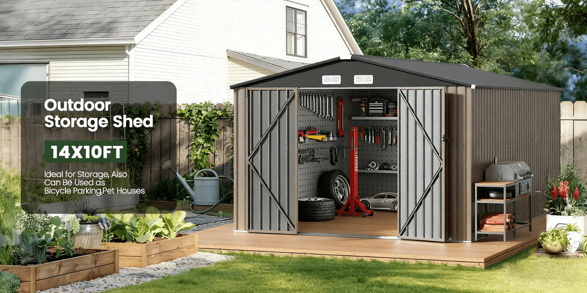 [Metal Storage Shed] 8x6ft (7.33'x5.28' Base, No Floor), 6 X 4ft, 10x12ft, 10x14ft, Metal Steel Outdoor Storage Shed with Air Vent & Lockable Doors, for Garden, Patio And Backyard, Tools, Bike