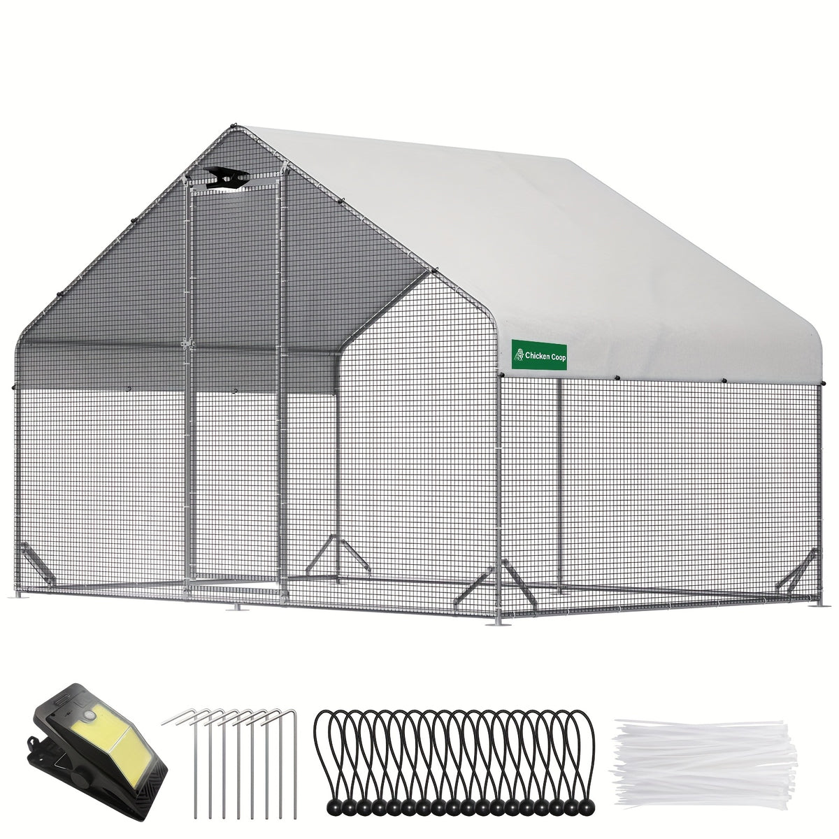Large Walk-in Metal Chicken Coop with Chicken Run & Hardware Cloth, Solar Light, UV-Resistant Cover, Outdoor Poultry Cage for Farm Use