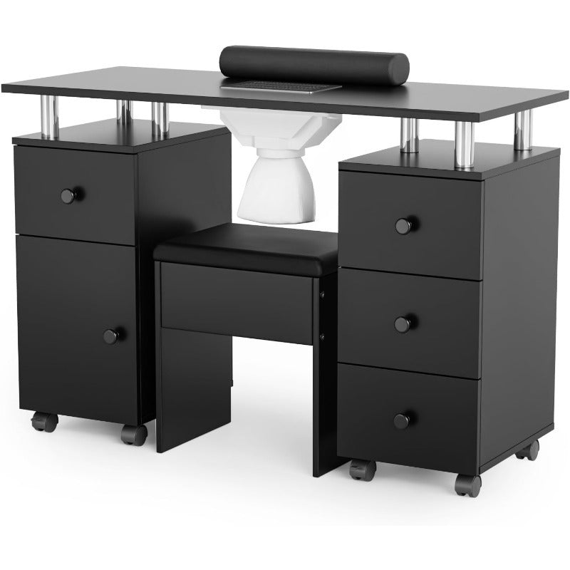 Professional Nail Desk and Chair Set with Stool - Heavy-Duty Mobile Manicure Station w/Dust Collector, Acetone-Resistant Desktop, 4-Wheel Rolling Cart & Storage Drawers - Heavy-Duty Nail Tech Table for Salon, Home, or Spa - (White/Black/Lavender/Mint Gree