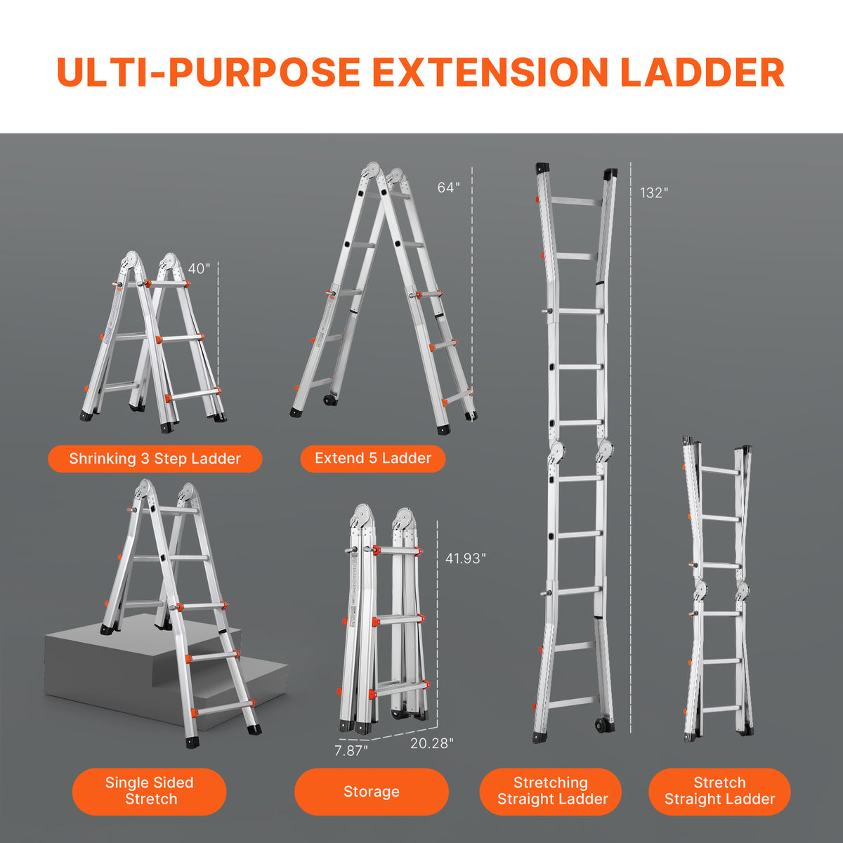 VEVOR Telescoping Ladder A Frame 9.5 FT 2880mm / 11FT 3350 mm / 13 FT 4000mm / 15.5FT 4670 mm / 17FT 5120 mm / 20FT 5990 mm/ 20.5FT 6230 mm Extension Multi-Function for Homework
