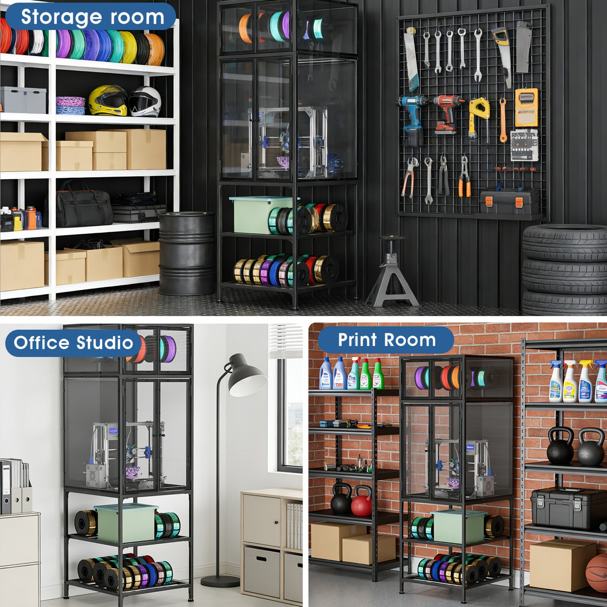 3D Printer Cabinet/Double Layer 3D Printer Filament Storage Rack/T-Shaped Filament Bar & Noise-Reducing/Dust-Proof Design/Suitable for Studio/Office Storage And Organization