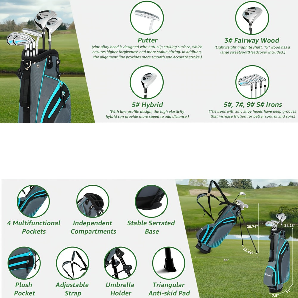 XDriveMax 8pcs Complete Golf Club Set for Men/Women Includes Stand Bag with Rain Hood, Fairway Wood Head Covers, Hybrid, Irons And Putter