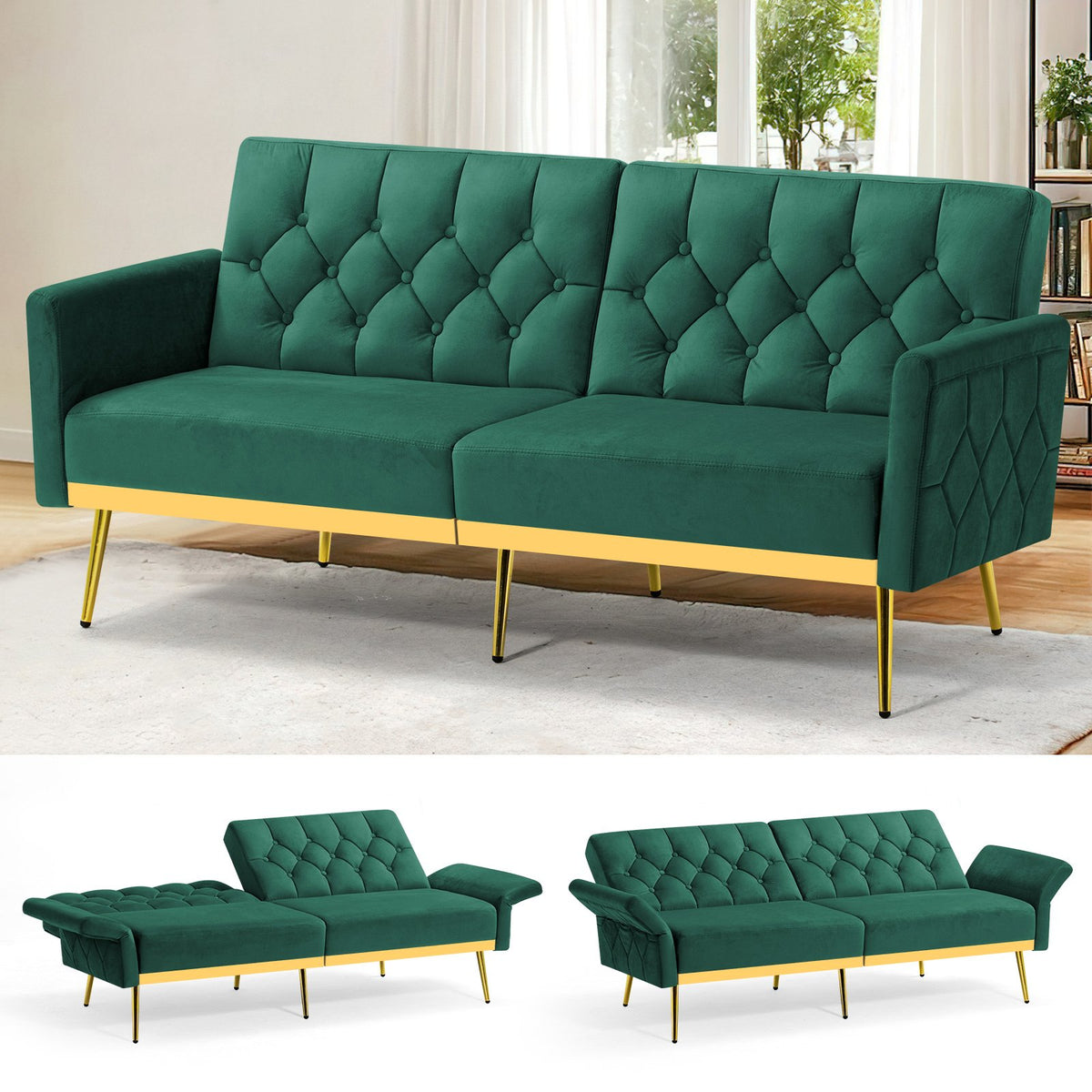 ACMEASE Velvet Sofa Bed Featuring Adjustable Armrests And Backrests, a Contemporary Recliner Sleeper Couch with a Tufted Design, a Convertible Loveseat Sofa with Golden Legs Suitable for The Living Room, Bedroom, Or Studio