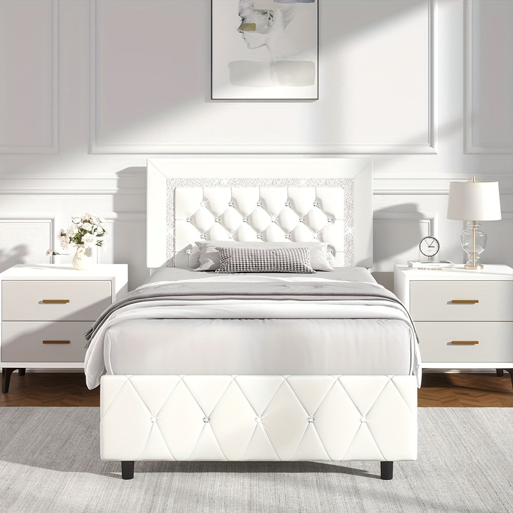 Halloween Twin Full Queen King Upholstered Bed Frame, Diamond Tufted Headboard, Faux Leather Bed Frame With Headboard & Footboard, Wooden Slats Support, No Box Spring Needed, Easy Assembly, Black/White/Pink/Green Christmas