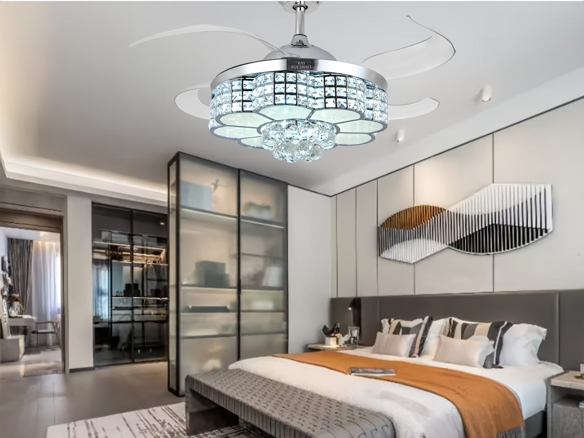 42-Inch Crystal Decoration with RGB Ceiling Fan And Light, Supports Infinite Dimming And Light Memory. with Speakers, 6 Speeds Reversible Blades, Flush Mount Chandelier Ceiling Fan Remote Control And APP Convenient Control Way