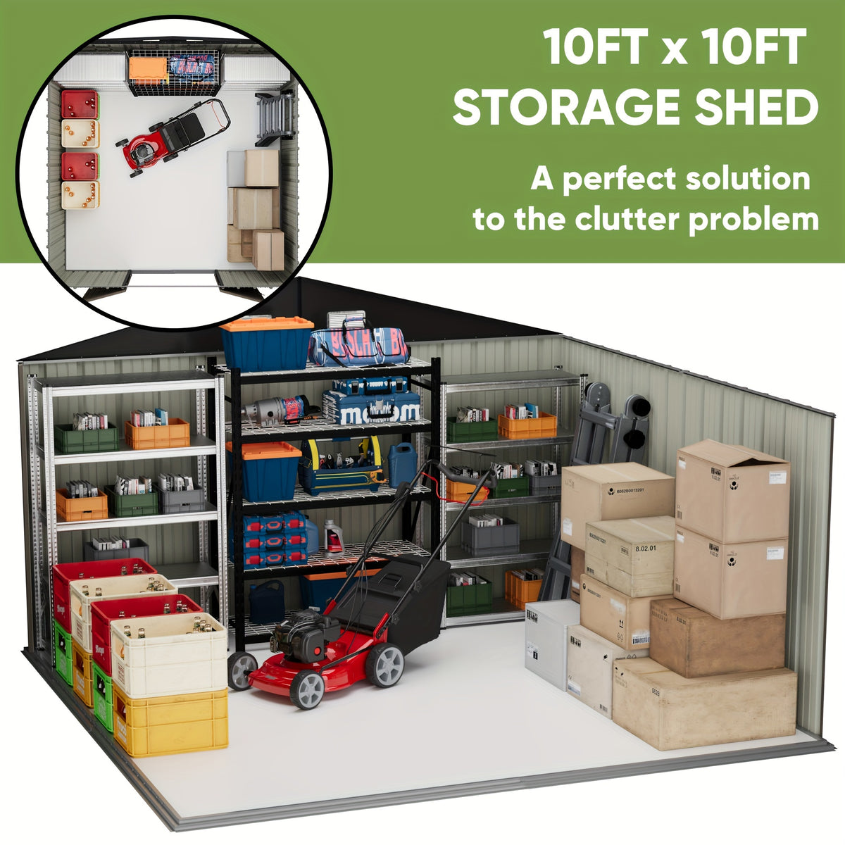 GUNJI 10X10 FT & 8 X 8 FT Outdoor Steel Storage Shed Metal Building Tiny House Lockable Door, Vertical Outside Storage Building For Garden, Backyard, Lawn, Patio Utility, Tool Storage, Bike Carport, Free Shipping