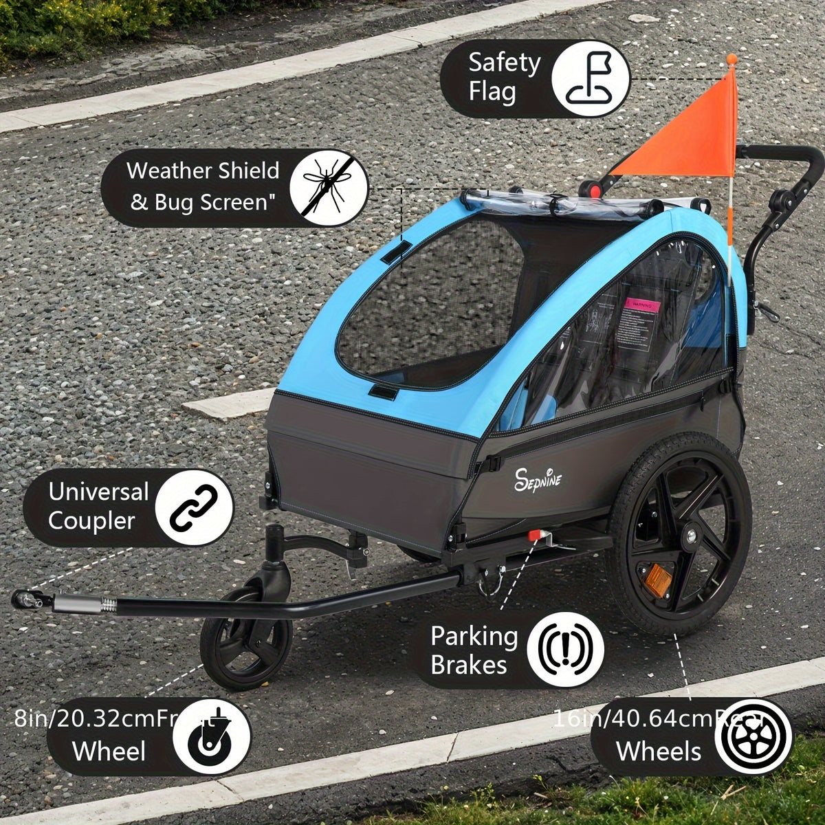 MOJAY Bike Trailer for Kids, 2in 1 Canopy Carrier Converts to Stroller Suitable for 1 to 2 Kids, 12+ Months, Quick Attach to Bike, Foldable, with 5-Point Harness And Storage Bags