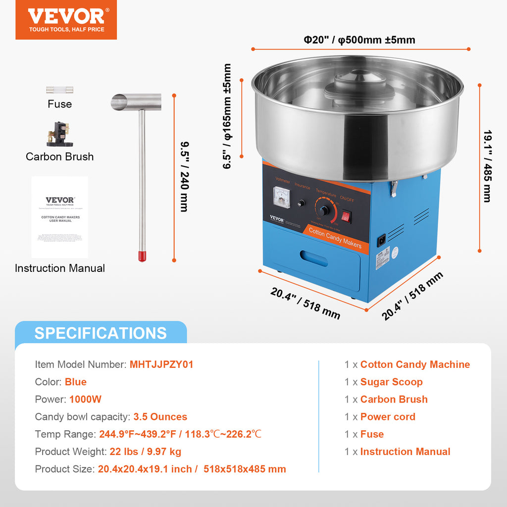 VEVOR Electric Cotton Candy Machine, Commercial Cotton Candy Machine with Stainless Steel Bowl, Sugar Scoop, and Drawer, Perfect for Home Kids Birthday, Family Party, Blue