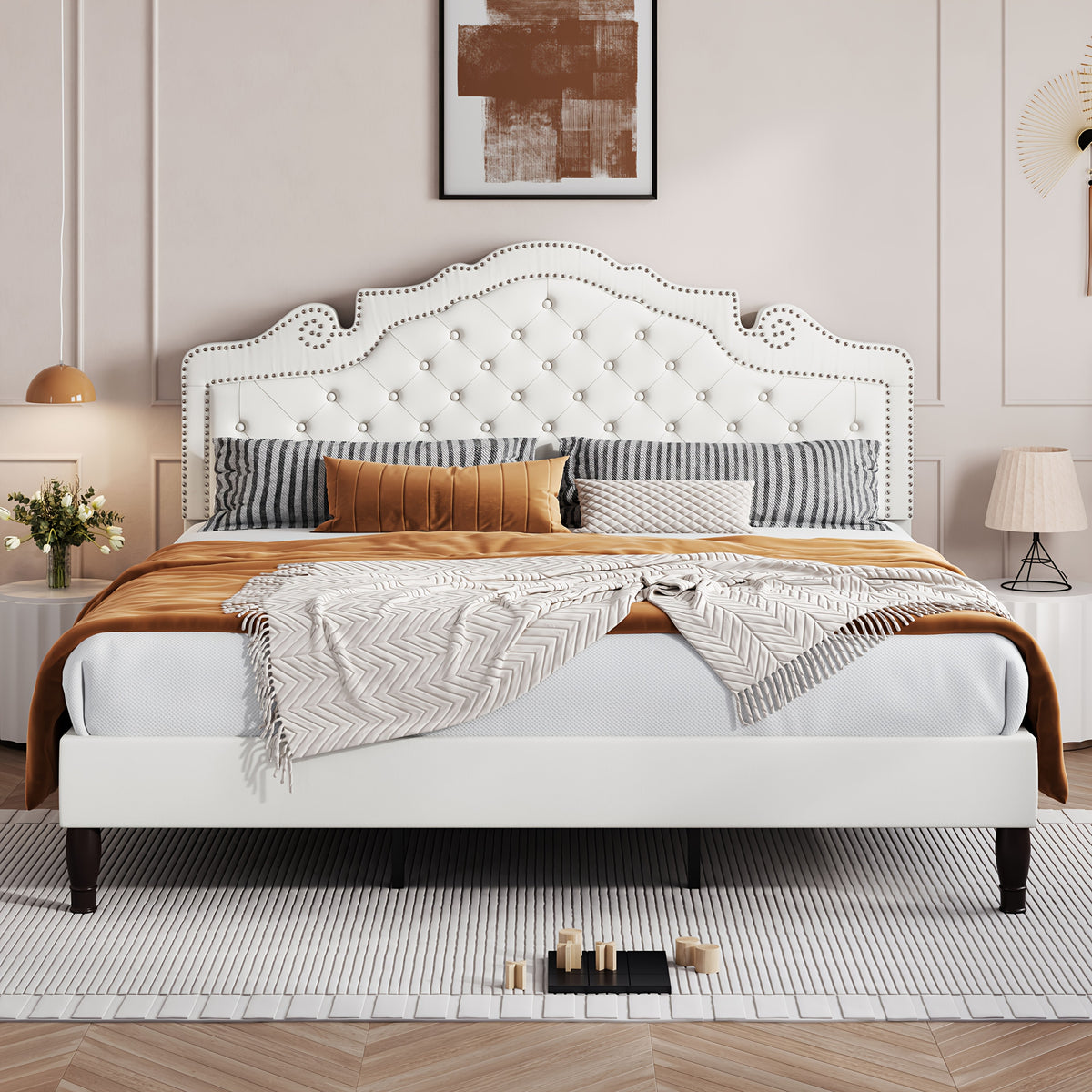 HOOMIC Full/Queen/King Size Bed Frame with Adjustable Velvet Tiara Headboard, Upholstered Diamond Button Tufted Platform Bed, Wooden Slats Support, No Box Spring Needed, Easy Assembly, Black