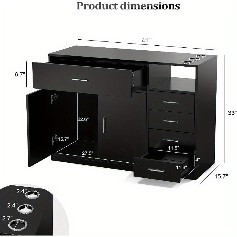 OmySalon Free Standing Barber Station Cabinet with 5 Drawers & Storage Cabinet, 3 Hair Dryer Holders, Heavy-Duty Construction - Modern Black Salon Furniture with Golden-Toned Hardware, Space-Saving Design for Hair Salons, Barber Shops, Spa & Home - Easy A