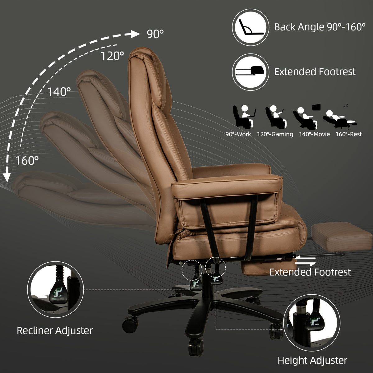 Executive Office Chair — 160° Recline and Footrest for Spacious 400LB Home Office Seating with Casters