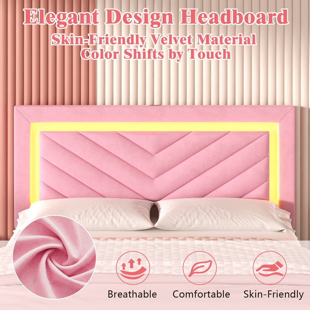 Pink Bed Frame with LED Headboard and Charging Station, 2 Storage Drawers, No Box Spring Needed, Noise Free