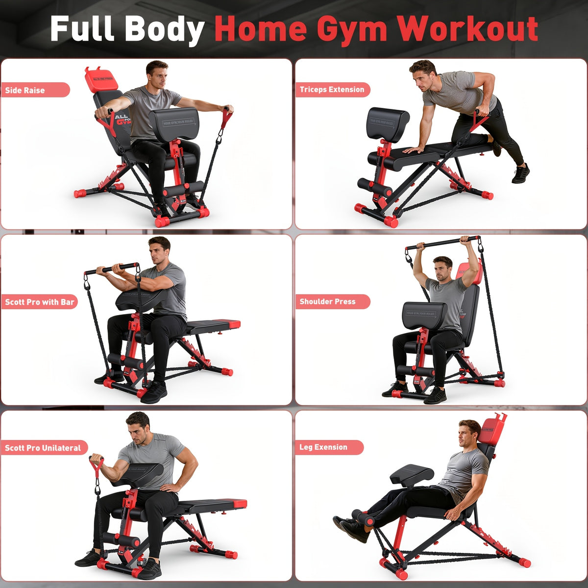 Adjustable Weight Bench Set for Six-Exercise Home Strength Training with Rack and Leg Developer