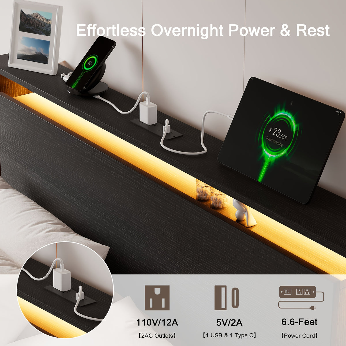 Floating Bed Frame with LED Lights & Charging Station, Heavy Duty Metal Support Frame, Easy Assembly, Bed Frame Without Mattres