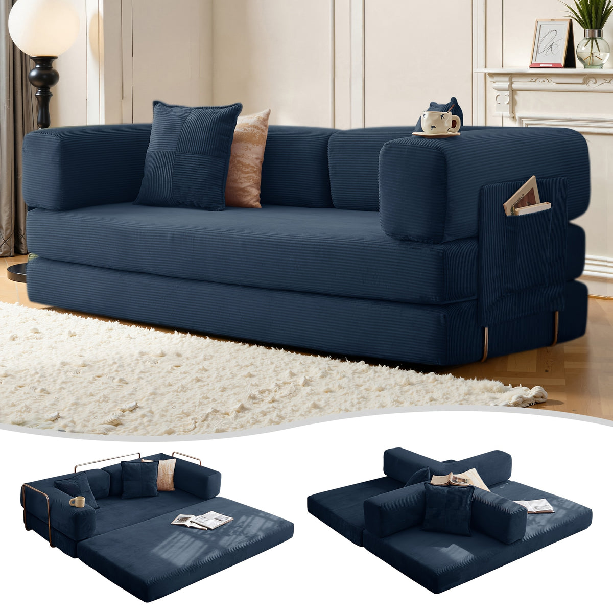 Convertible Floor Sofa Bed, Memory Foam Seating and Folding Armrests for Apartments and Guest Rooms