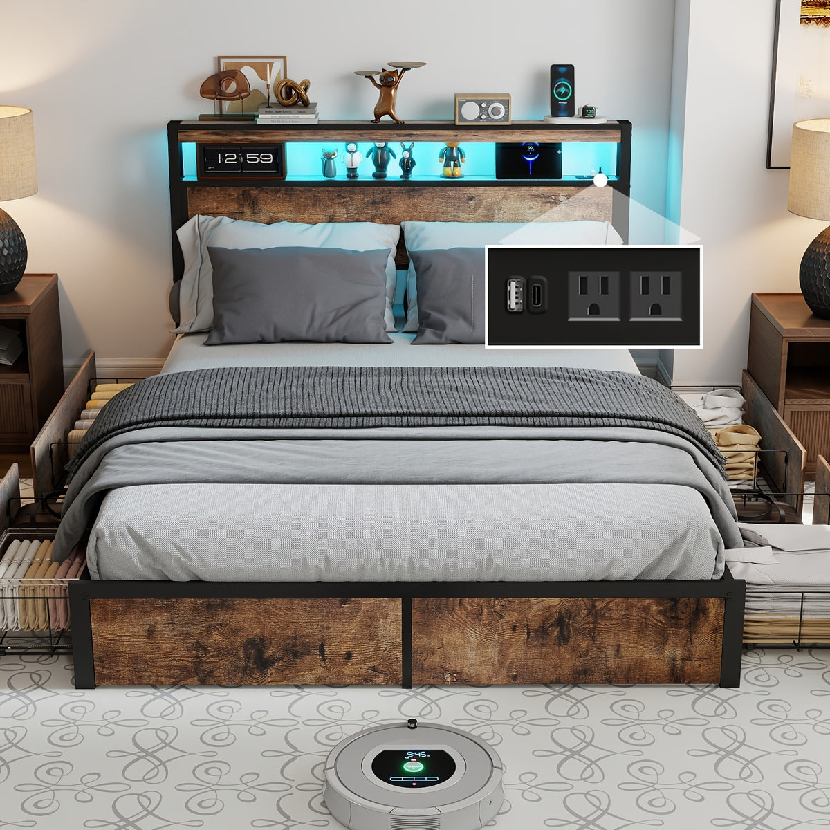 Full/Queen/King Size Bed Frame with 4 Storage Drawers, Metal Platform Bed with LED Lights & Charging Station, 2-Tier Wood Headboard, 800 LBS Capacity, Noise-Free, No Box Spring Needed, Vintage Brown Finish