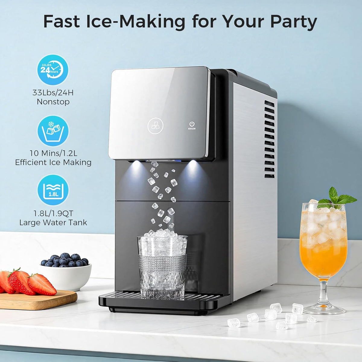 Nugget Ice Maker Countertop, Pellet Crushed Chewable Ice Cubes Ice Dispenser Countertop Stainless Steel Ice Maker Machine for Home Office Kitchen Party