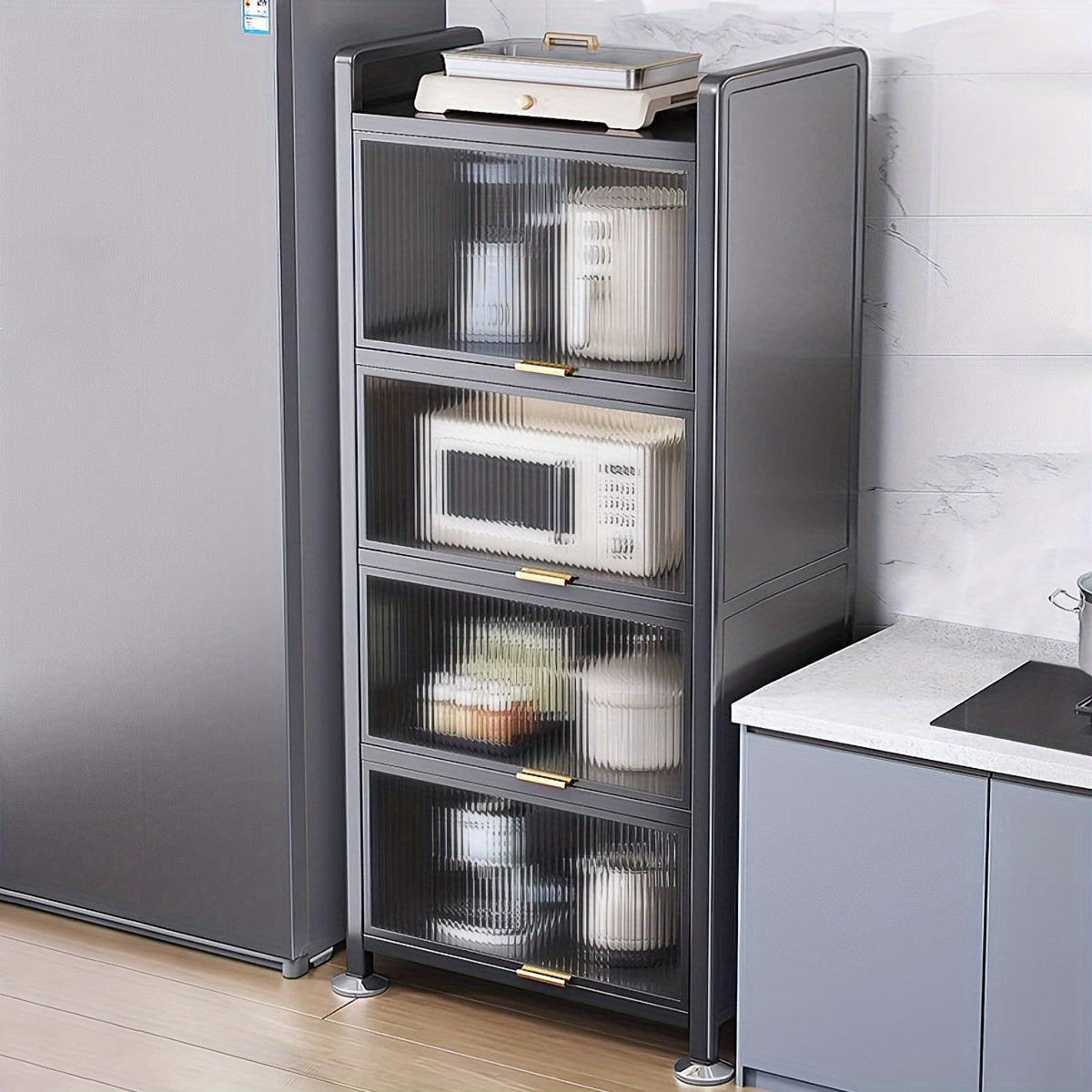 Joybos™ 5-Tier Narrow Multifunctional Metal Kitchen Storage Cabinet - Spacious Microwave Stand, Coffee Bar Shelf, Pantry Organizer, And Hutch for Kitchen, Living Room - Space-Saving, Durable, And Stylish, Standing Shelf, Standing Shelf