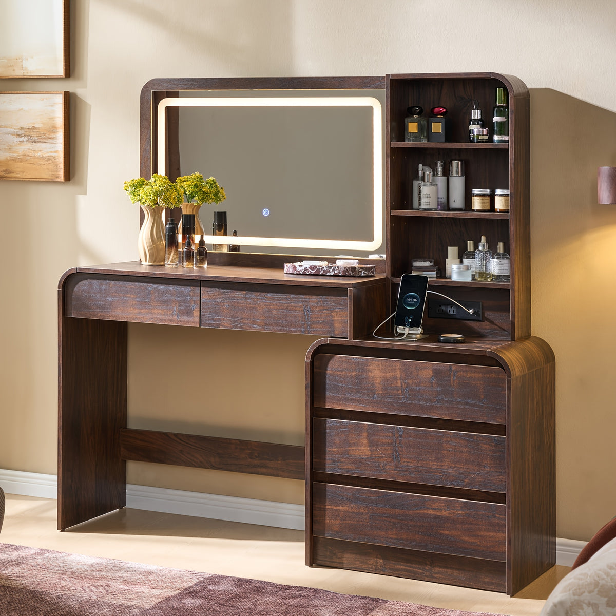 Makeup Vanity Desk with 5 Drawers, Vanity Table with Touch Screen LED Mirror & Charging Station for Bedroom, Adjustable Shelf, Curved Profile Design
