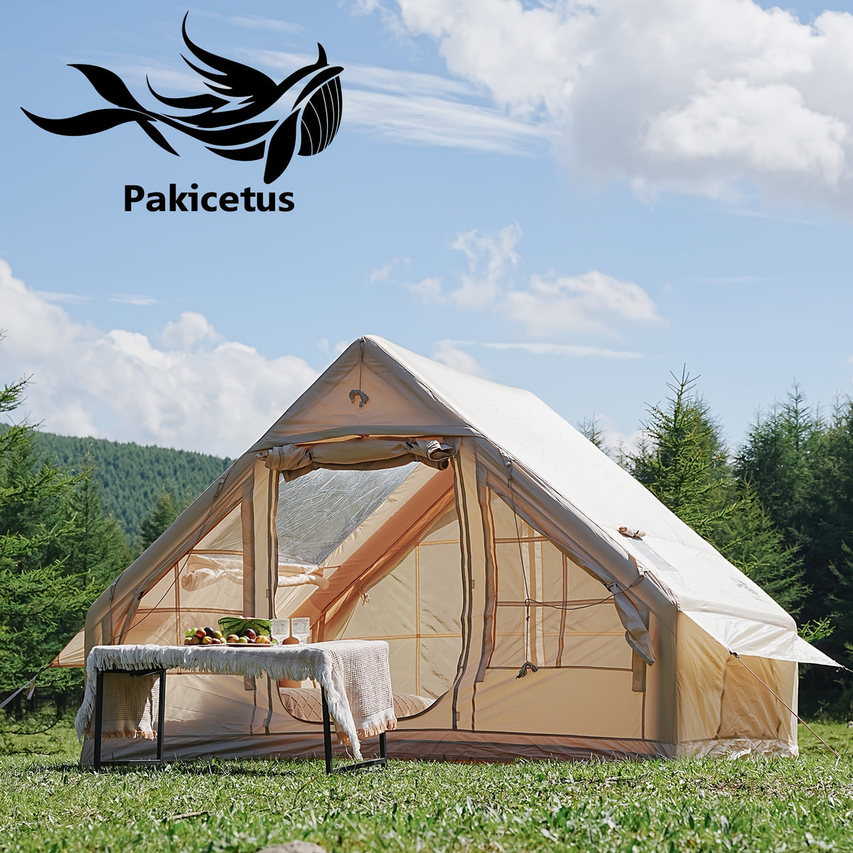 PAKICETUS Quick Setup Inflatable Camping Tent for 4-6 Person Family, Summer Glamping Inflatable House with Breathable Mesh And Quick Air-Flow, Suitable for All Seasons, Outdoor Camping, Hiking, And Backpacking