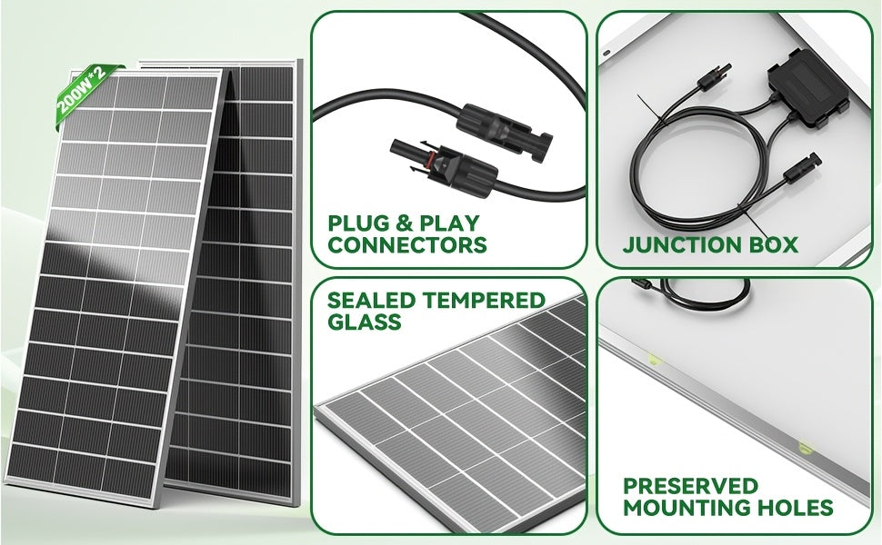 Werchtay 400W Solar Panel, 200W/200W*2 25.5% Efficient Conversion 12V Monocrystalline Solar Panel Module System, 18BB Hidden Busbar Design A+ Grade Chip Photovoltaic Module, for Outdoor RV Camping, Marine Farms, Home Roofs