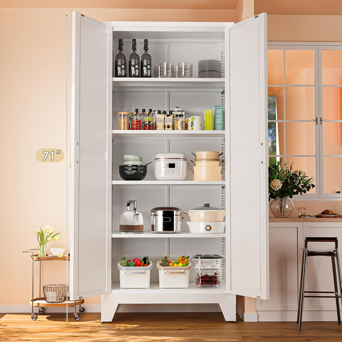 61"/71" Tall Metal Storage Cabinet With 2 Doors And 4 Adjustable Shelves, 5-Tier Kitchen Pantry Storage Cabinet For Kitchen, Living Room, Dining Room And Office