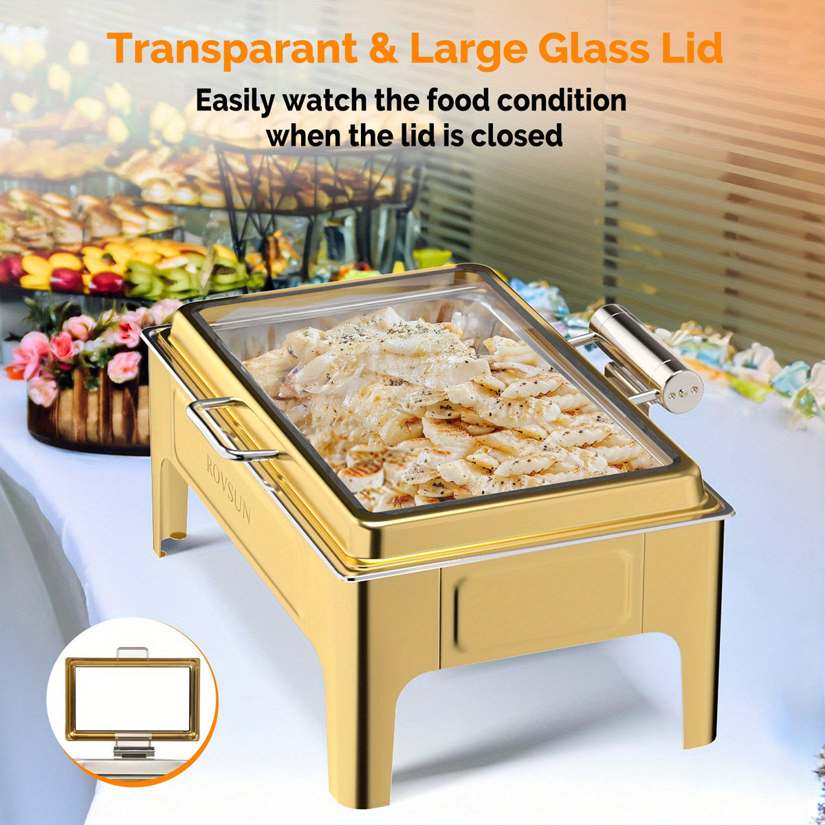 9QT square 304 stainless steel hot pot, hydraulic glass cover and food pot - golden buffet heater, suitable for catering, parties, events and home use only for cooking (1 pack))