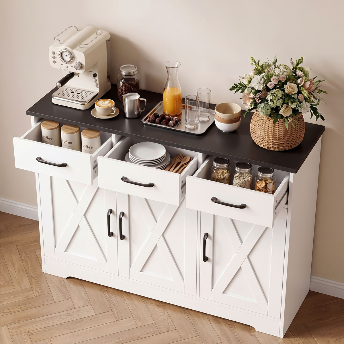 FULTRU Modern Farmhouse Cabinet with Barn Door & Sliding Panel Doors Suitable for Kitchen, Dining Room Storage, Freestanding Buffet Furniture with Drawers and Open Shelves, Assembly Required, Multifunctional Sideboard