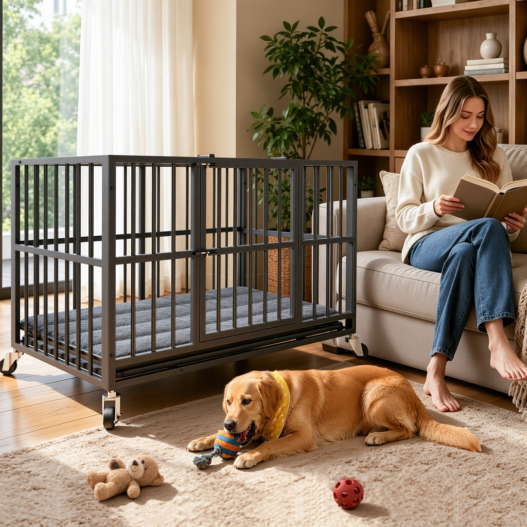 [Indoor Dog Crate] Heavy Duty Simple Version Round Pipe Iron Dog Crate, Indoor Double Door Dog Crate With Wheels With Removable Tray