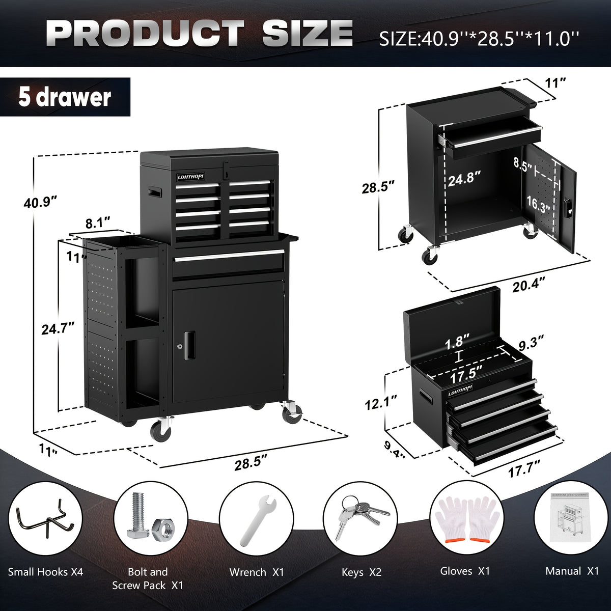 5/8-Drawer Rolling Tool Storage Cabinet with Side Cabinet, Metal Rolling Tool Chest with Wheels And Drawers, Detachable Top Tool Box, High Capacity Tool Storage Cabinet for Workshop Mechanics Garage, for Studios, Garages, Workshops