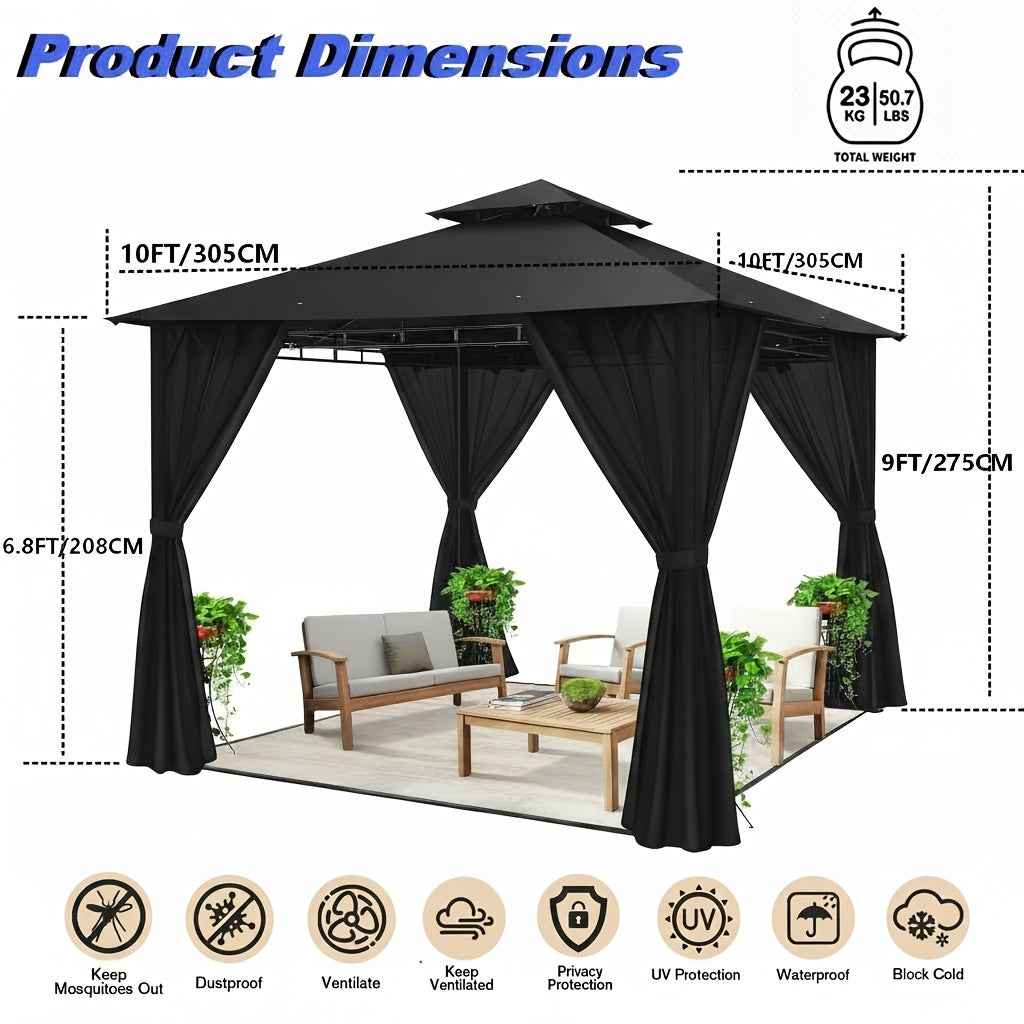 10×13ft Wedding Party Canopy, Outdoor Folding Gazebo, With 4 Detachable Mosquito Net Walls, With Ground Stakes, Easy Set Up, Sun Protection, Double Roof Design, Suitable For Garden, Courtyard, Outdoor, Villa, Terrace, Deck, Birthday Gift, Game Tent