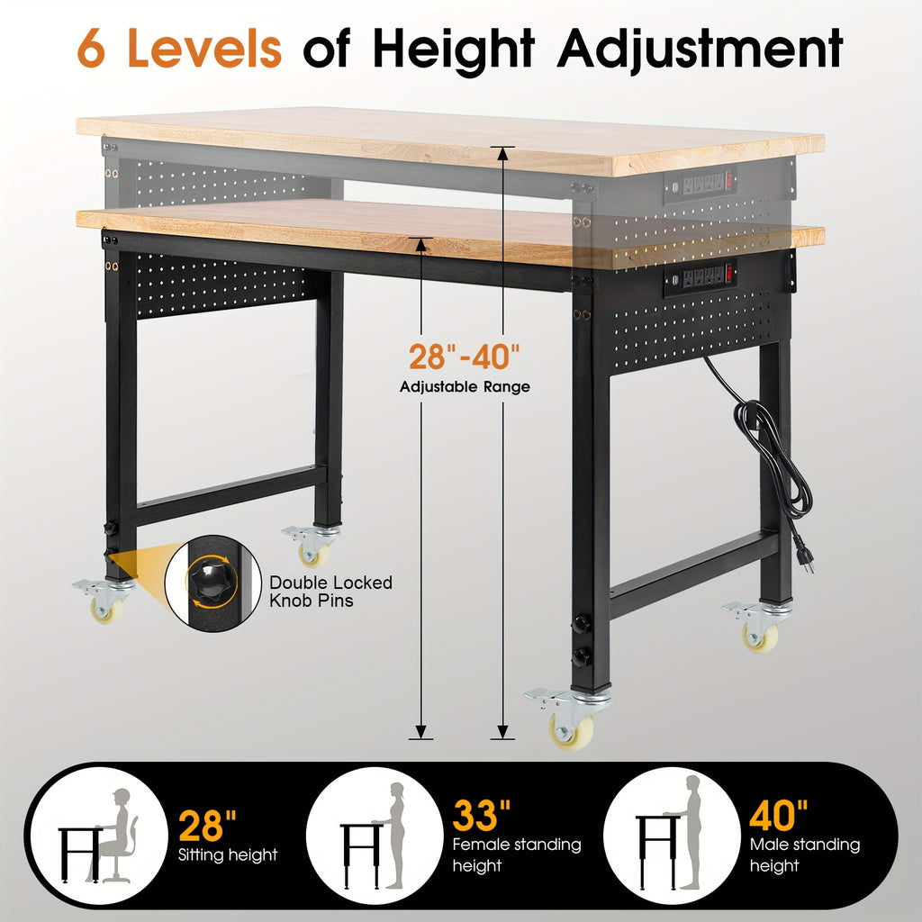 [Heavy Duty Workbench] 48"×24" Heavy Duty Workbench With Wheels, 2000 LBS Load Capacity Thick Solid Wood Work Table With Power Outlets, Pegboard, Work Bench For Garage, Office, Home, Workshop, Commercial