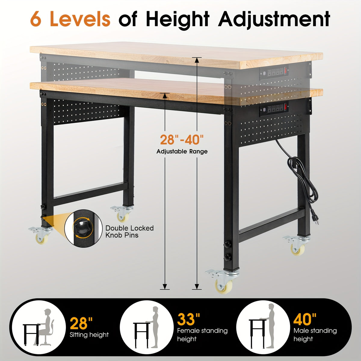 [Heavy Duty Workbench] 48"×24" Heavy Duty Workbench With Wheels, 2000 LBS Load Capacity Thick Solid Wood Work Table With Power Outlets, Pegboard, Work Bench For Garage, Office, Home, Workshop, Commercial