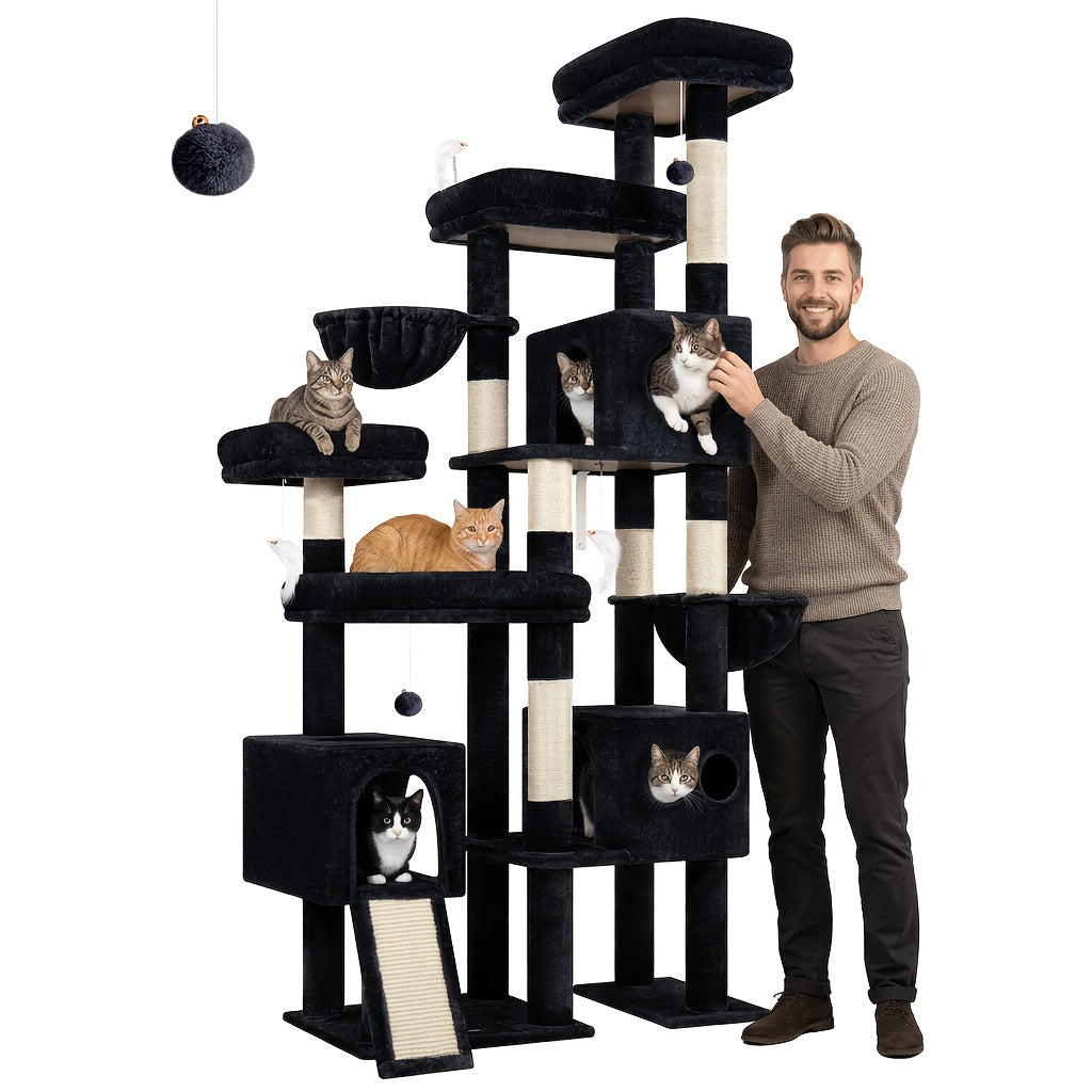 Globlazer 82-inch Cat Tower for Large Cats, Multi-Level Cat Tree for 4+ Indoor Cats with 3 Condos, 7 Sisal Scratching Posts, Scratching Board, 2 Hammocks & 3 Perches, S82D, Light Grey