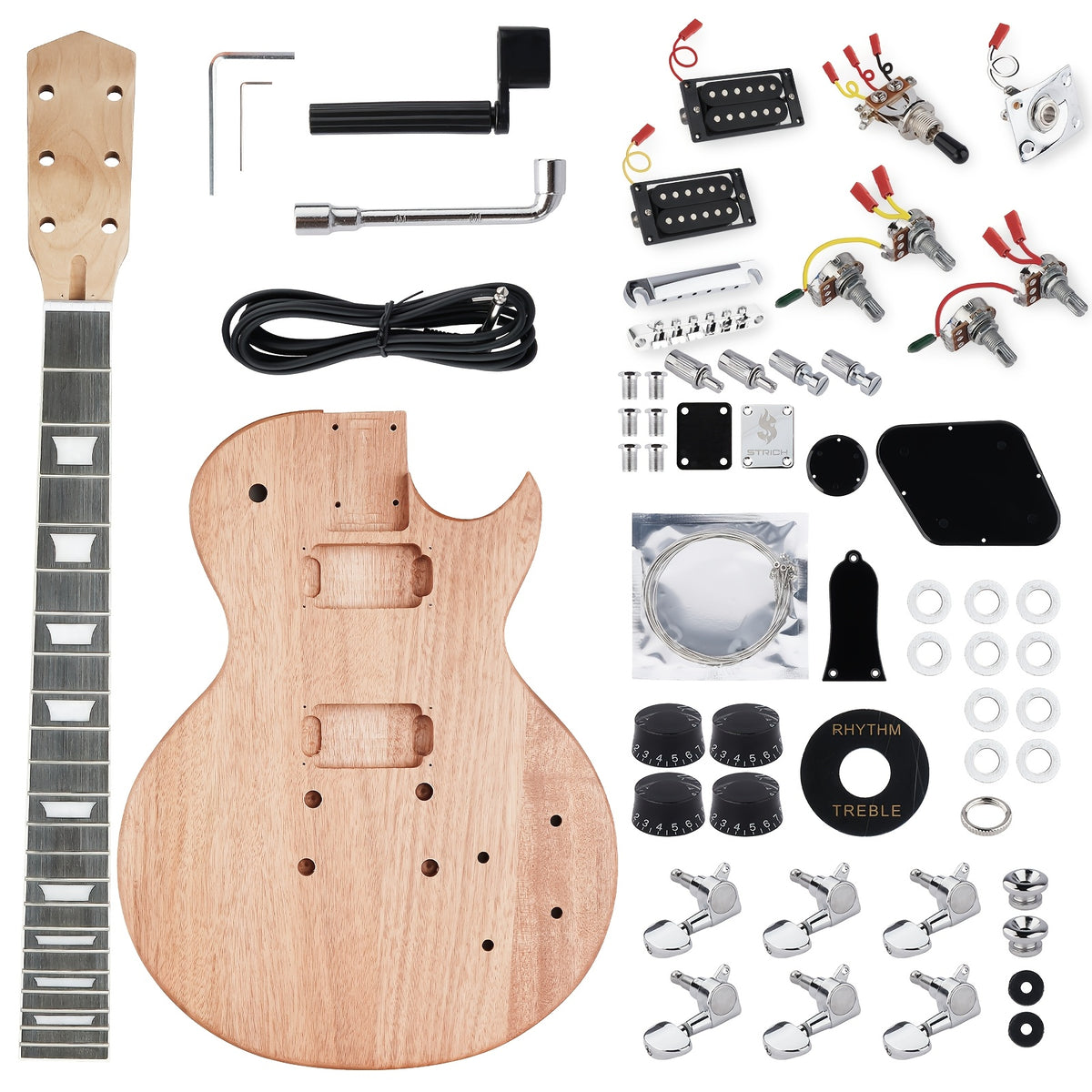 STRICH DIY Electric Guitar Kit, Mahogany Body with Maple Neck, HH Pickups Pre-Drilled & Wired, Complete Hardware Pack, Build-Your-Own in One Box