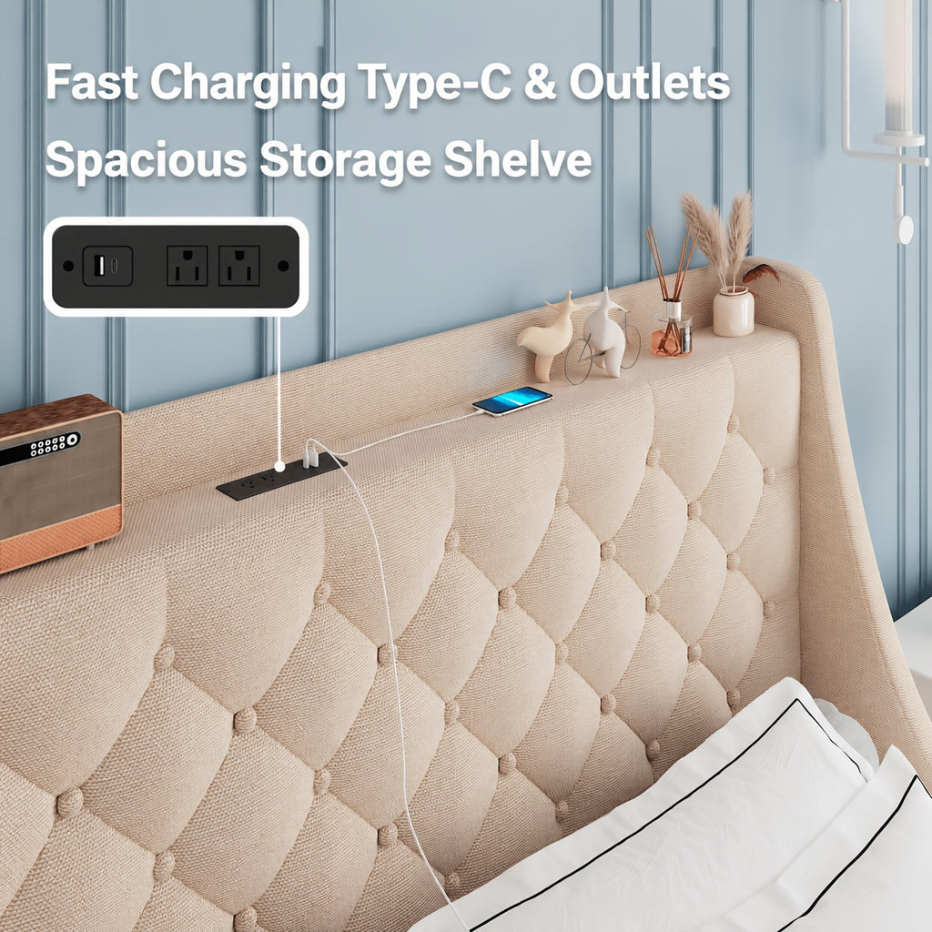 Bed Frame with Charging Station, Linen Fabric Storage Headboard, Storage Drawers on Both Sides, Solid Wood Slats Support