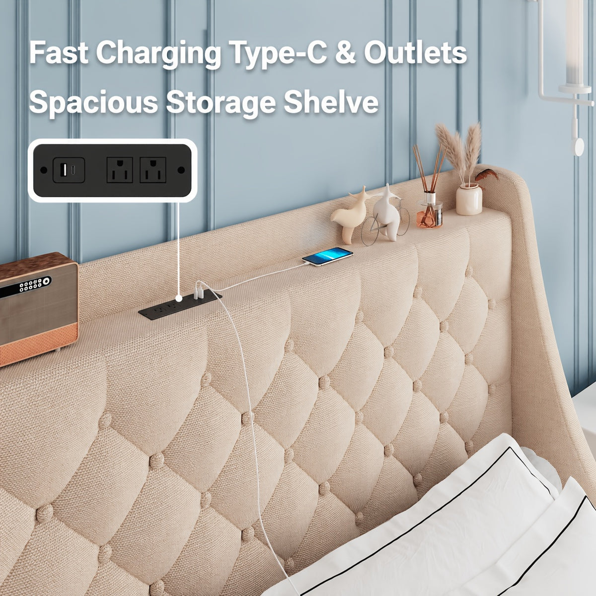 Bed Frame with Charging Station, Linen Fabric Storage Headboard, Storage Drawers on Both Sides, Solid Wood Slats Support