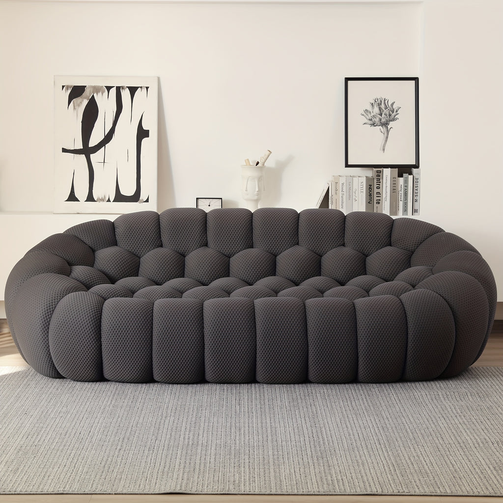 100.03'' Modern Upholstered Curved Sofa, 3 Seater Mesh Fabric Floor Sofa, 3D Honeycomb Shape Curved Couch for Living Room