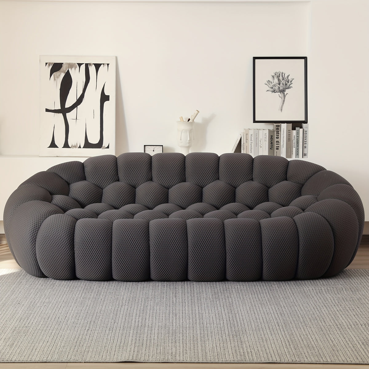 100.03'' Modern Upholstered Curved Sofa, 3 Seater Mesh Fabric Floor Sofa, 3D Honeycomb Shape Curved Couch for Living Room