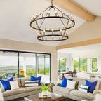 [Modern Farmhouse Chandelier] Modern Farmhouse Chandelier 2 Tier Round Wheel Chandelier Large High Ceiling Light