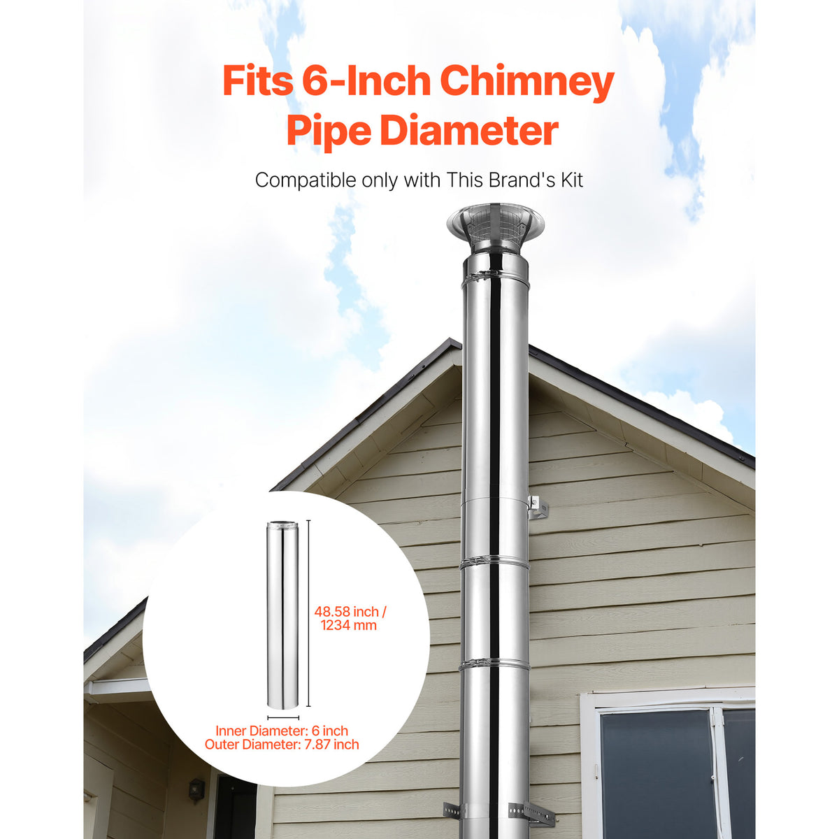 VEVOR 6 x 36/48 Inch Double Wall Insulated Chimney Pipe Stainless Steel Stove Pipe