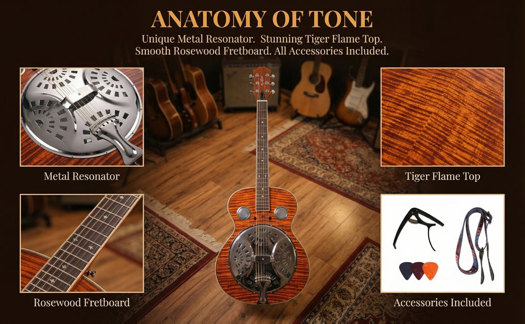 Acoustic Resonator Guitar Full Size 40 Inch Steel String, Beginner Acoustic Guitar Kit With Strap Capo Picks Wrench, Country Bluegrass Folk Blues Slide Fingerpicking Right Handed, Spruce Top Amber Orange Holiday Birthday Gift Musical Instrument