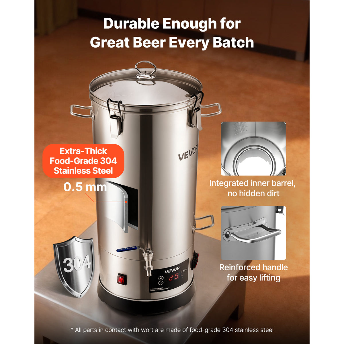 VEVOR Beer Brewing Equipment, 8 Gal/30L 304 Stainless Steel Home Beer Brewer,1500W All-in-One Home Brewing Kit, Tall strainer, Integrated Inner Barrel & Reinforced Handle