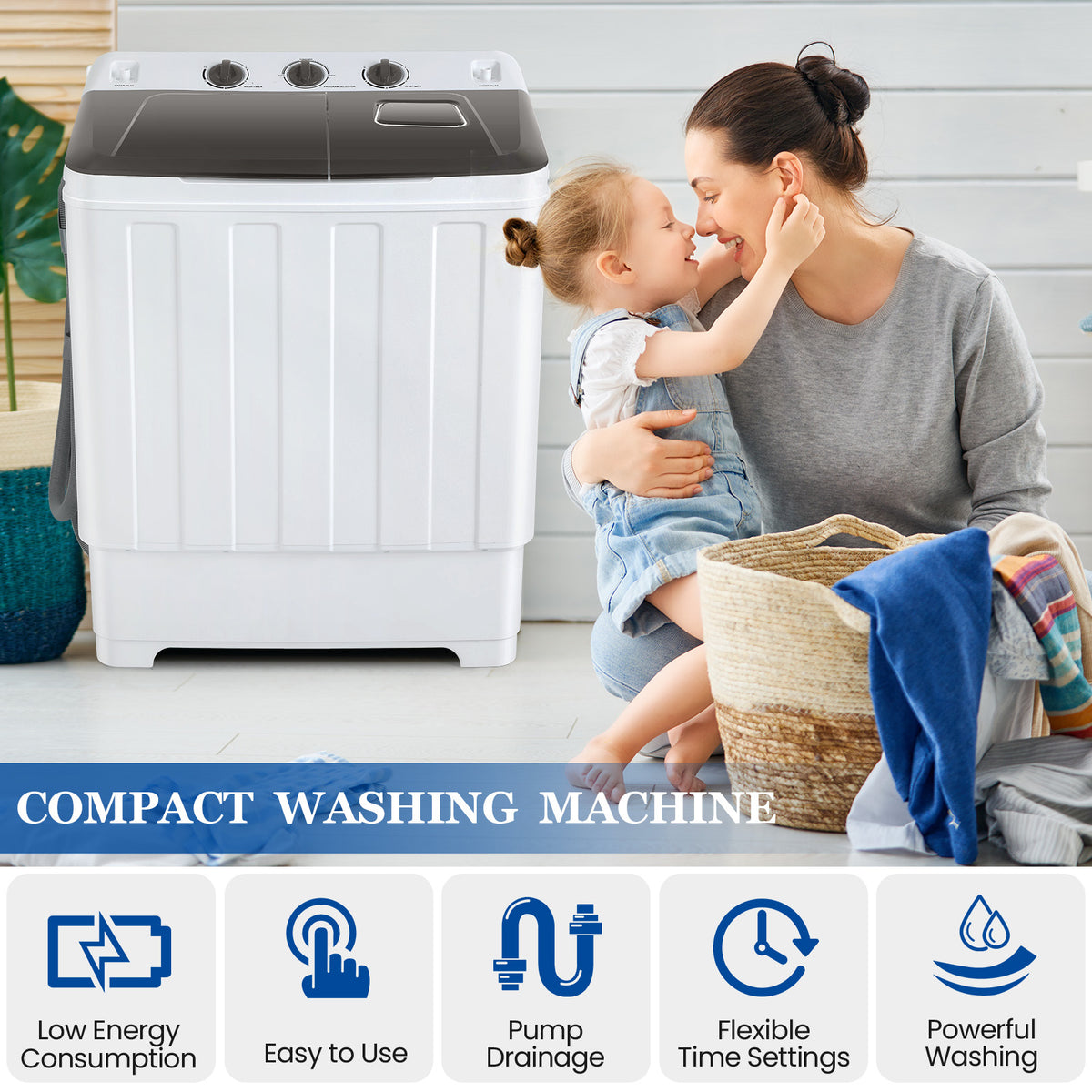 30lbs Portable Washer, Twin Tub Washer and Dryer Combo Laundry Washing Machine, Semi-Auto Washer Machine with Wash & Dehydration, 19Lbs Washer 11Lbs Spinner Laundry Appliances for Home, Apartment, Dorms, RV, Ship Cabins, Offices, Bathroom, Balcony