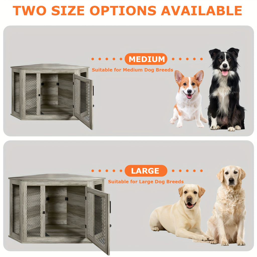 Furniture Corner Dog Crate, 52" Wooden Dog Kennel Furniture End Table with Mesh, Indoor Pet Crate Side Table for Small Medium Dogs Puppy, Perfect for Limited Room