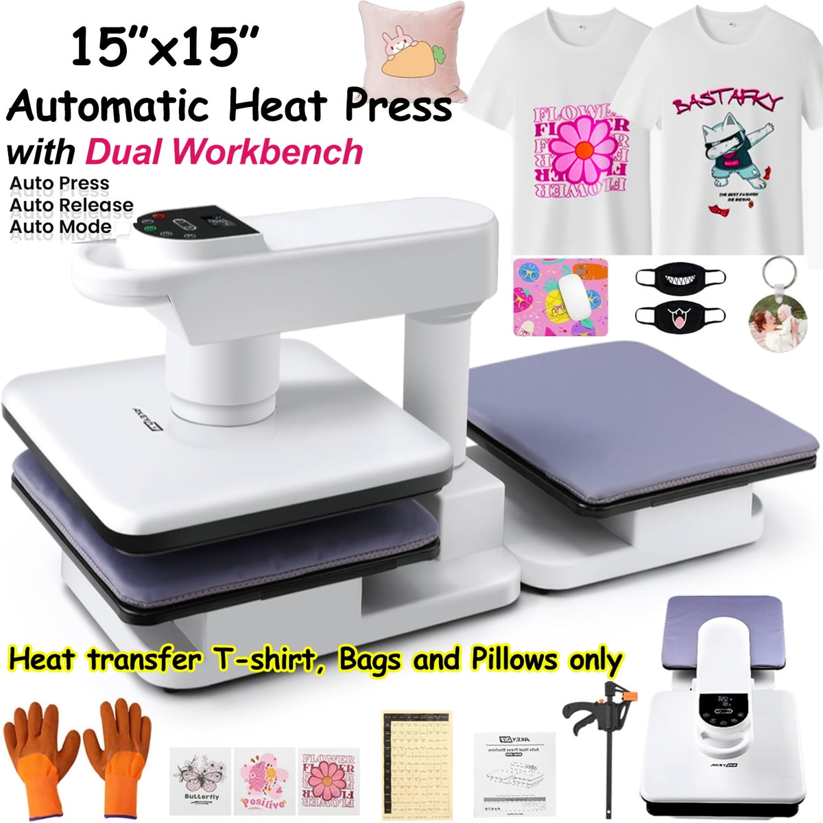 11pcs 8-in-1 - 15"x15"/12"x15" Heat Press Set for T-Shirts, Bags, Pillows, Hats, Beanies, Roller - 12"x10" T-Shirt Machine(Weight 25.35 Lbs) & 15"x15" Auto Single-Workbench & 15"x15" Auto Dual-Workbench Heat Press Only for Cloth, Shirts, Canvas Bags