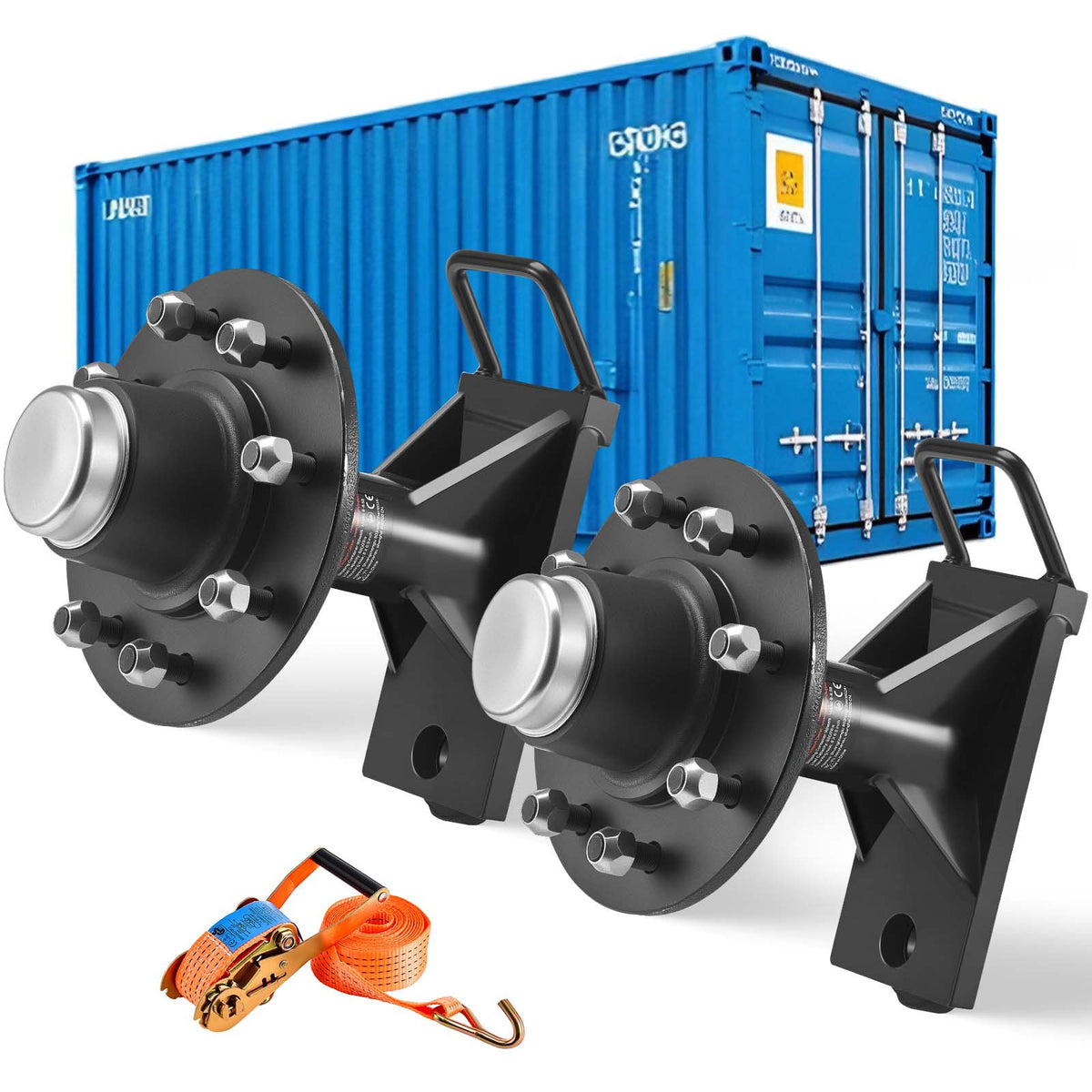 VEVOR Shipping Container Wheels 6-Lug / 8-Lug Wheels Kit, Heavy Duty Shipping Container Axle with Ratchet Tie Down-Moves 20 ft - 40 ft, Secure Transport for Dock, Warehouse, Construction Site, Black